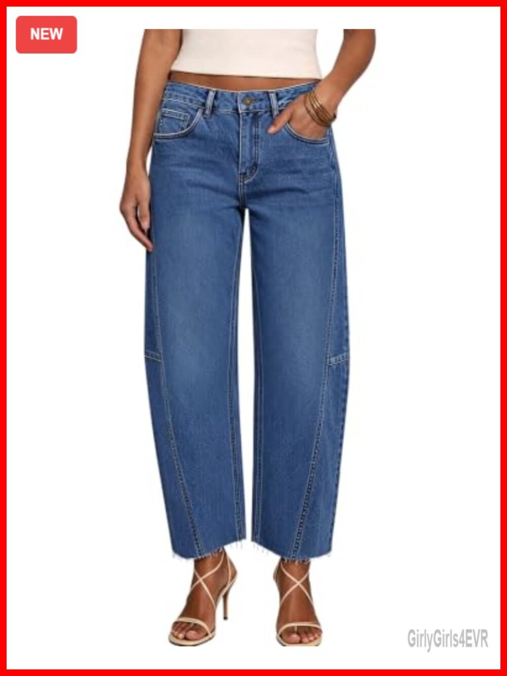 Womens Barrel Jeans Stretch Mid Rise Wide Leg Raw Hem Denim Pants